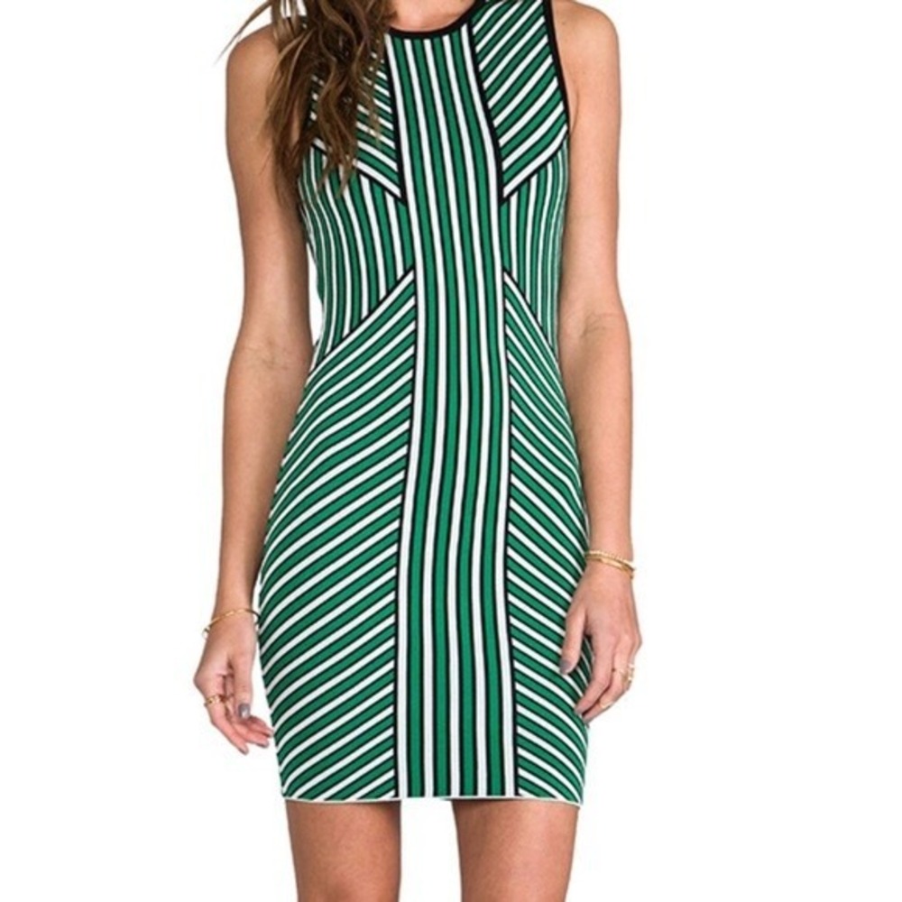 Torn Ronny Kobo Green Black Striped Bodycon Sleeveless Dress Y2K Party XS / S